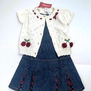 NWT Gymboree Girl Denim Pleated Cherry Jumper & Cherry Short Sleeve Cardigan 4